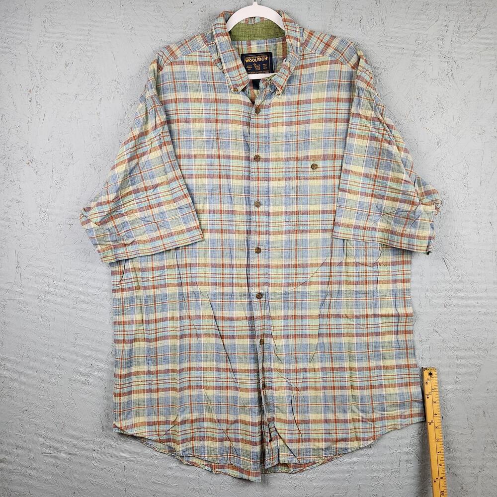 Woolrich Shirt Mens 2XL Tall Denim Blue Rust Plaid Button Down Lightweight Camp